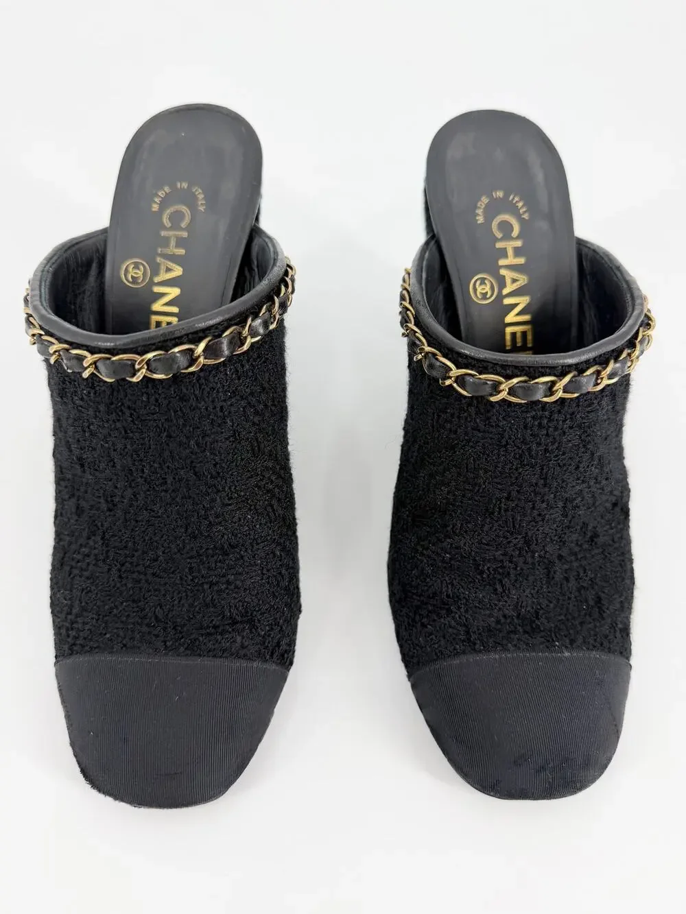 Chanel Tweed Leather Gold Chain Link Round Toe Flat Mules Slides 2017 Shoes 37